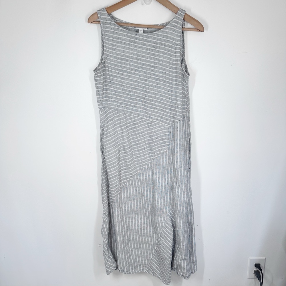 J. Jill Gray Striped 100% Linen Midi Dress Size Medium Petite Sleeveless